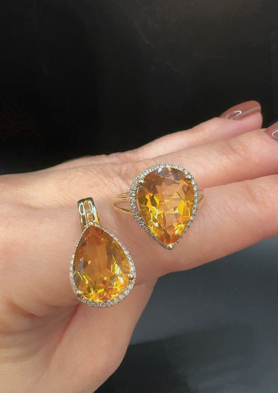 Set de dije y anillo en 14k citrina y diamante